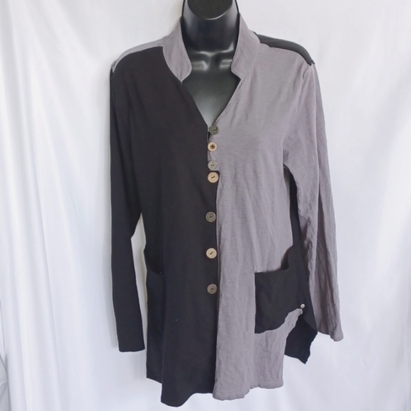 Neon Buddha Womens Sz M Wearable Art to Wear Blouse Black/Grey, 20" PTP, 26" L - Picture 1 of 9